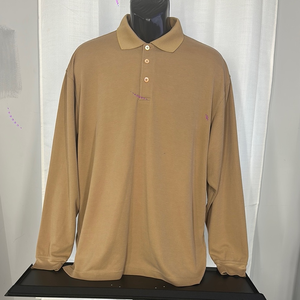 Bugatchi Tan Long Sleeve Polo Shirt Soft Knit Size L
